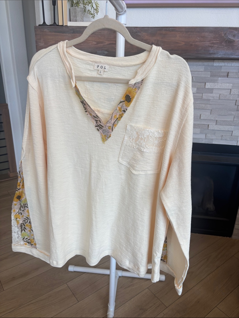 NEW POL Cream Long-Sleeve Top with Floral Trim